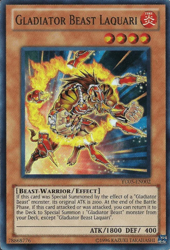 Beast-Warrior, Effect Monster, Fire, Super Rare, Turbo Pack: Booster Five, Unlimited Gladiator Beast Laquari [TU05-EN002] Super Rare - Trading Card World