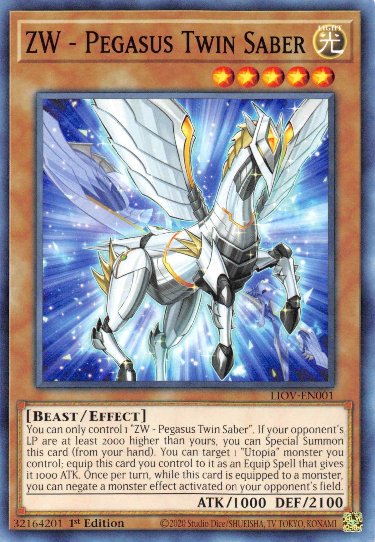 1st Edition, Beast, Common, Effect Monster, Light, Lightning Overdrive ZW - Pegasus Twin Saber [LIOV-EN001] Common - Trading Card World