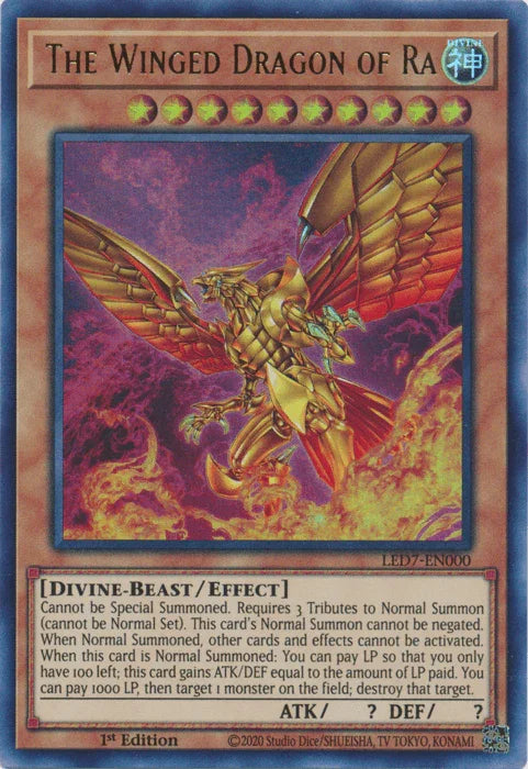 1st Edition, Divine, Divine-Beast, Effect Monster, Legendary Duelists: Rage of Ra, Ultra Rare, Unlimited The Winged Dragon of Ra (Alternate Art) [LED7-EN000] Ultra Rare - Trading Card World