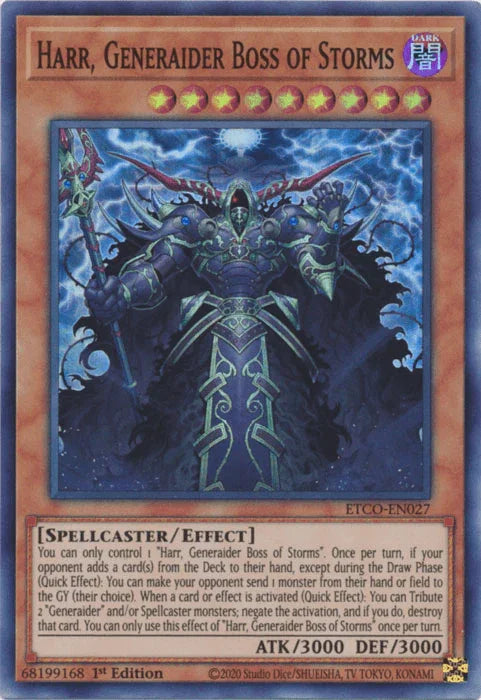 1st Edition, Dark, Effect Monster, Eternity Code, Spellcaster, Super Rare Harr, Generaider Boss of Storms [ETCO-EN027] Super Rare - Trading Card World