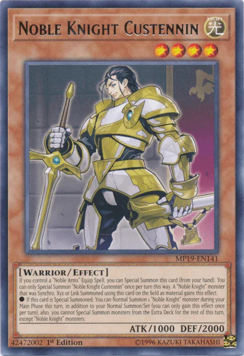 1st Edition, 2019 Gold Sarcophagus Tin Mega Pack, Effect Monster, Light, Rare, Unlimited, Warrior Noble Knight Custennin [MP19-EN141] Rare - Trading Card World