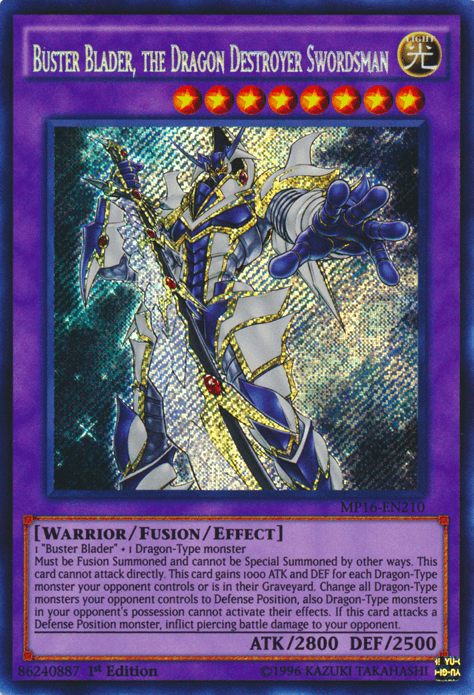 1st Edition, 2016 Mega-Tins Mega Pack, Fusion/Effect Monster, Light, Secret Rare, Unlimited, Warrior Buster Blader, the Dragon Destroyer Swordsman [MP16-EN210] Secret Rare - Trading Card World