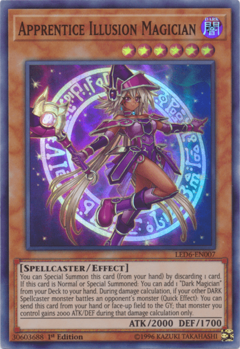 1st Edition, Dark, Effect Monster, Legendary Duelists: Magical Hero, Spellcaster, Super Rare, Unlimited Apprentice Illusion Magician [LED6-EN007] Super Rare - Trading Card World