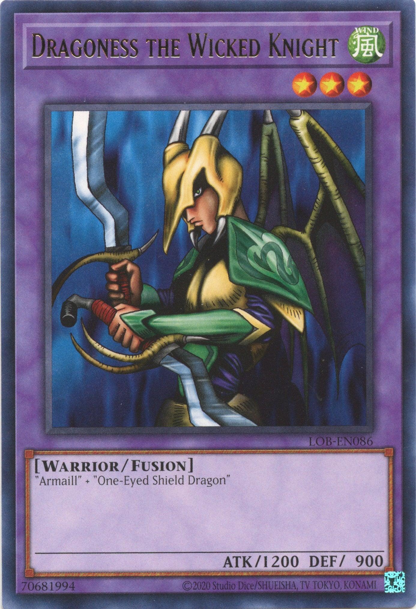 Fusion Monster, Legend of Blue Eyes White Dragon (25th Anniversary Edition), Rare, Unlimited, Warrior, Wind Dragoness the Wicked Knight (25th Anniversary) [LOB-EN086] Rare - Trading Card World