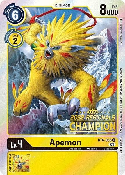 Beastkin, BT6-038, Champion, Common, Digimon, Double Diamond Promos, Vaccine, Yellow Apemon [BT6-038] (2022 Championship Online Regional) (Online Champion) [Double Diamond Promos] - Trading Card World
