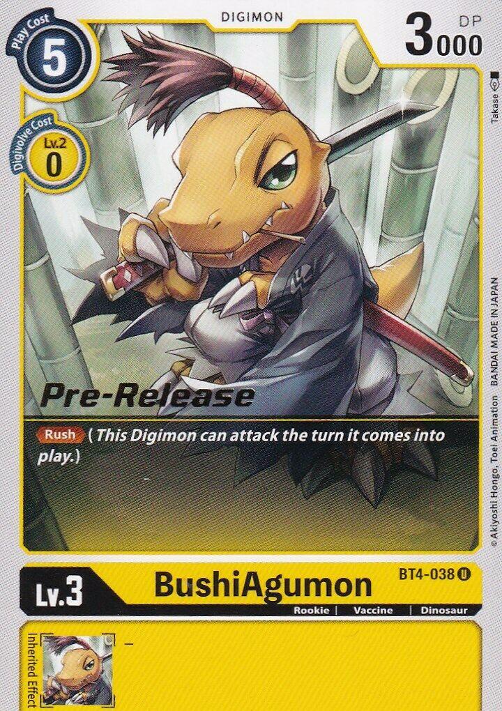 BT4-038, Digimon, Dinosaur, Great Legend Pre-Release Promos, Promo, Rookie, Vaccine, Yellow BushiAgumon [BT4-038] [Great Legend Pre-Release Promos] - Trading Card World