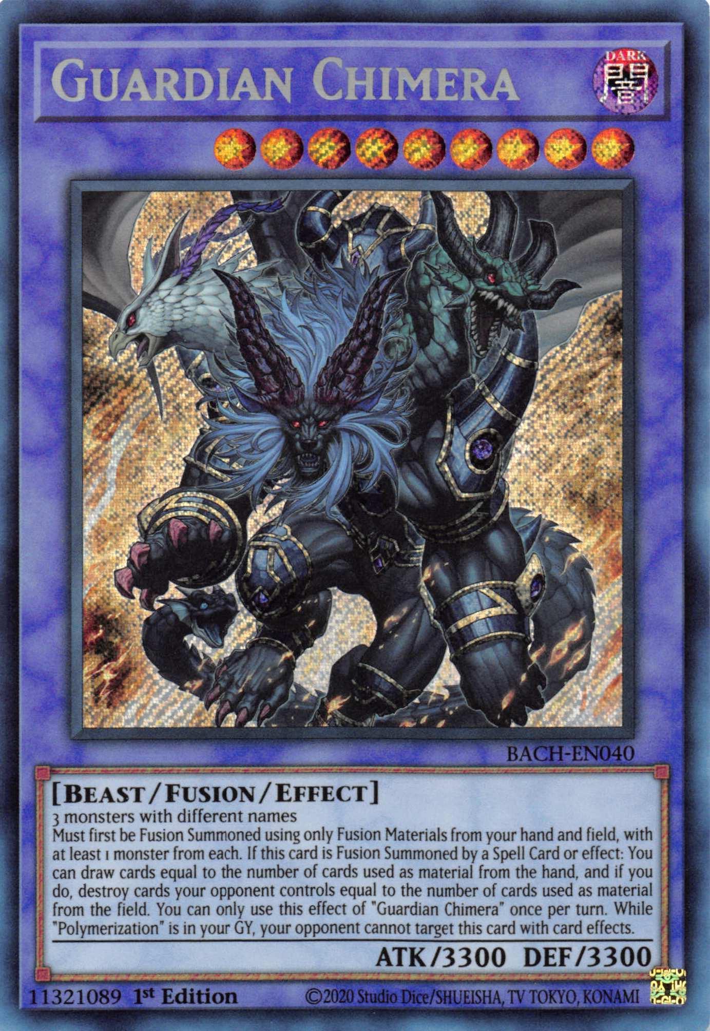 1st Edition, Battle of Chaos, Beast, Dark, Fusion/Effect Monster, Secret Rare Guardian Chimera [BACH-EN040] Secret Rare - Trading Card World