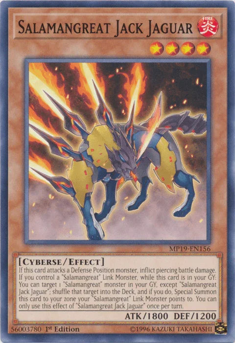 1st Edition, 2019 Gold Sarcophagus Tin Mega Pack, Common, Cyberse, Effect Monster, Fire, Unlimited Salamangreat Jack Jaguar [MP19-EN156] Common - Trading Card World
