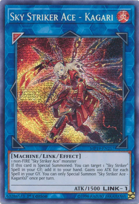 1st Edition, 2019 Gold Sarcophagus Tin Mega Pack, Fire, Link/Effect Monster, Machine, Prismatic Secret Rare, Unlimited Sky Striker Ace - Kagari [MP19-EN257] Prismatic Secret Rare - Trading Card World