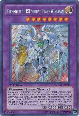 1st Edition, Fusion/Effect Monster, Legendary Collection 2, Light, Secret Rare, Unlimited, Warrior Elemental HERO Shining Flare Wingman [LCGX-EN050] Secret Rare - Trading Card World