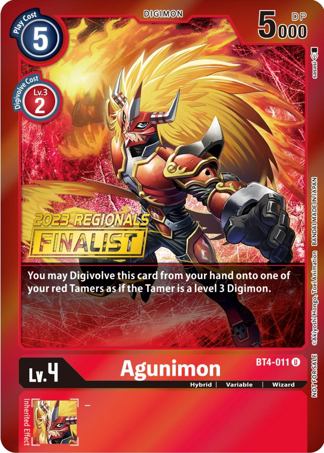 BT4-011, Digimon, Great Legend Promos, Hybrid, Promo, Red, Variable, Wizard Agunimon [BT4-011] (2023 Regionals Finalist) [Great Legend Promos] - Trading Card World