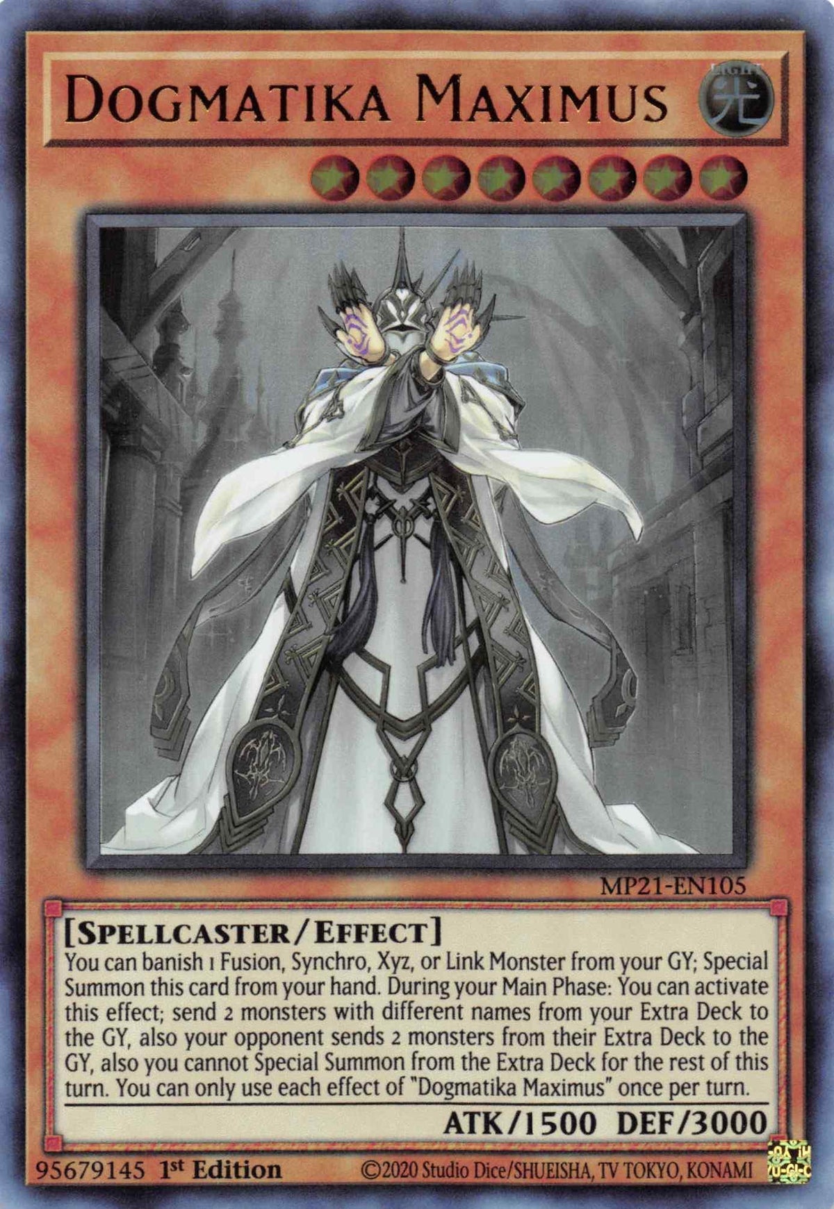 1st Edition, 2021 Tin of Ancient Battles, Effect Monster, Light, Spellcaster, Ultra Rare Dogmatika Maximus [MP21-EN105] Ultra Rare - Trading Card World