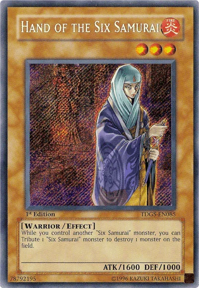 1st Edition, Effect Monster, Fire, Secret Rare, The Duelist Genesis, Unlimited, Warrior Hand of the Six Samurai [TDGS-EN085] Secret Rare - Trading Card World