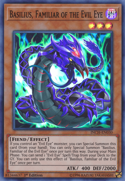 1st Edition, Dark, Effect Monster, Fiend, Super Rare, The Infinity Chasers Basilius, Familiar of the Evil Eye [INCH-EN030] Super Rare - Trading Card World