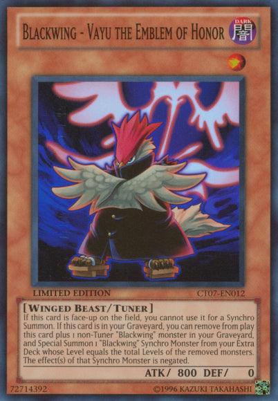 2010 Collectors Tins, Dark, Limited, Super Rare, Tuner Monster, Winged Beast Blackwing - Vayu the Emblem of Honor [CT07-EN012] Super Rare - Trading Card World