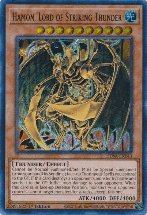 1st Edition, Effect Monster, Light, Structure Deck: Sacred Beasts, Thunder, Ultra Rare Hamon, Lord of Striking Thunder [SDSA-EN043] Ultra Rare - Trading Card World