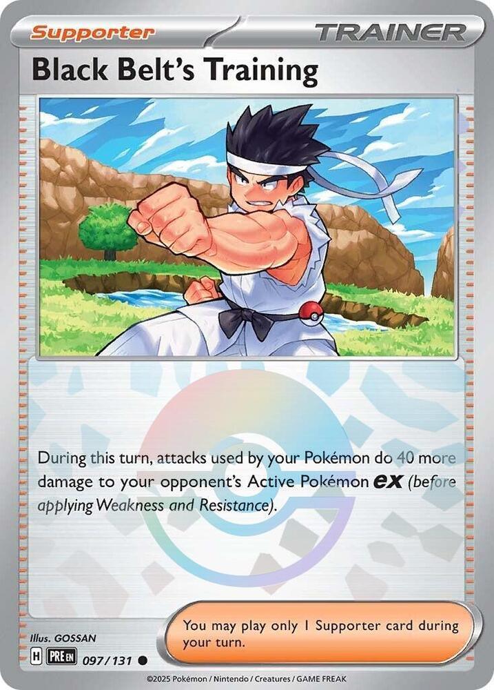 097, Common, Holofoil, Scarlet & Violet: Prismatic Evolutions, Supporter Black Belt's Training (097/131) (Poke Ball Pattern) [Scarlet & Violet: Prismatic Evolutions] - Trading Card World