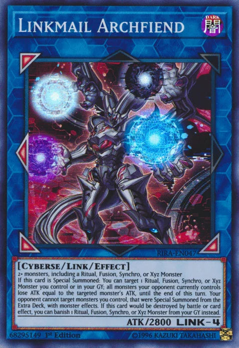 1st Edition, Cyberse, Dark, Link/Effect Monster, Rising Rampage, Super Rare, Unlimited Linkmail Archfiend [RIRA-EN047] Super Rare - Trading Card World
