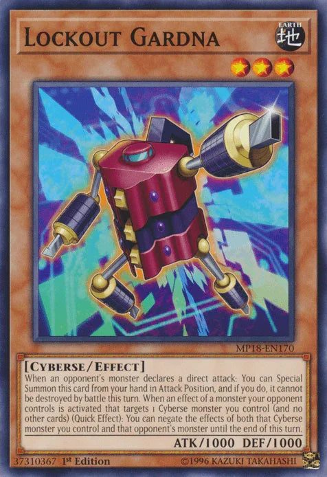 1st Edition, 2018 Mega-Tins Mega Pack, Common, Cyberse, Earth, Effect Monster Lockout Gardna [MP18-EN170] Common - Trading Card World