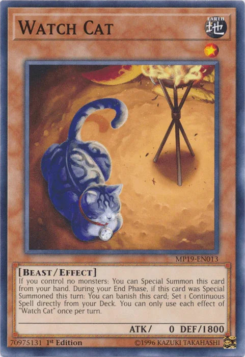 1st Edition, 2019 Gold Sarcophagus Tin Mega Pack, Beast, Common, Earth, Effect Monster, Unlimited Watch Cat [MP19-EN013] Common - Trading Card World