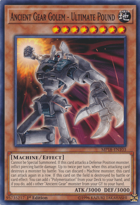 1st Edition, 2018 Mega-Tins Mega Pack, Common, Earth, Effect Monster, Machine Ancient Gear Golem - Ultimate Pound [MP18-EN103] Common - Trading Card World