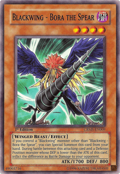 1st Edition, Common, Crimson Crisis, Dark, Effect Monster, Unlimited, Winged Beast Blackwing - Bora the Spear [CRMS-EN009] Common - Trading Card World