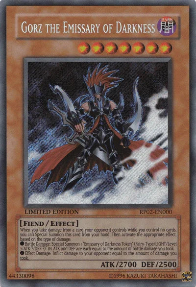 Dark, Effect Monster, Fiend, Limited, Retro Pack 2, Secret Rare Gorz the Emissary of Darkness [RP02-EN000] Secret Rare - Trading Card World