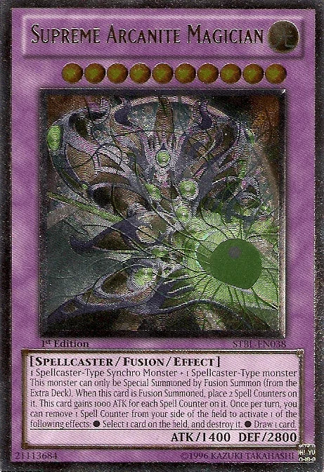 1st Edition, Fusion/Effect Monster, Light, Spellcaster, Starstrike Blast, Ultimate Rare Supreme Arcanite Magician [STBL-EN038] Ultimate Rare - Trading Card World