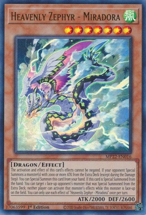 1st Edition, 2022 Tin of the Pharaoh's Gods, Dragon, Effect Monster, Ultra Rare, Wind Heavenly Zephyr - Miradora [MP22-EN016] Ultra Rare - Trading Card World