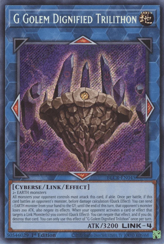 1st Edition, Battles of Legend: Crystal Revenge, Cyberse, Earth, Link/Effect Monster, Secret Rare G Golem Dignified Trilithon [BLCR-EN045] Secret Rare - Trading Card World