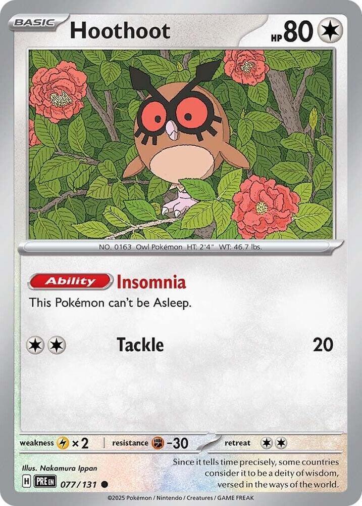 077, Colorless, Common, Fighting [-30], Lightning [x2], Normal, Reverse Holofoil, Scarlet & Violet: Prismatic Evolutions Hoothoot (077/131) [Scarlet & Violet: Prismatic Evolutions] - Trading Card World