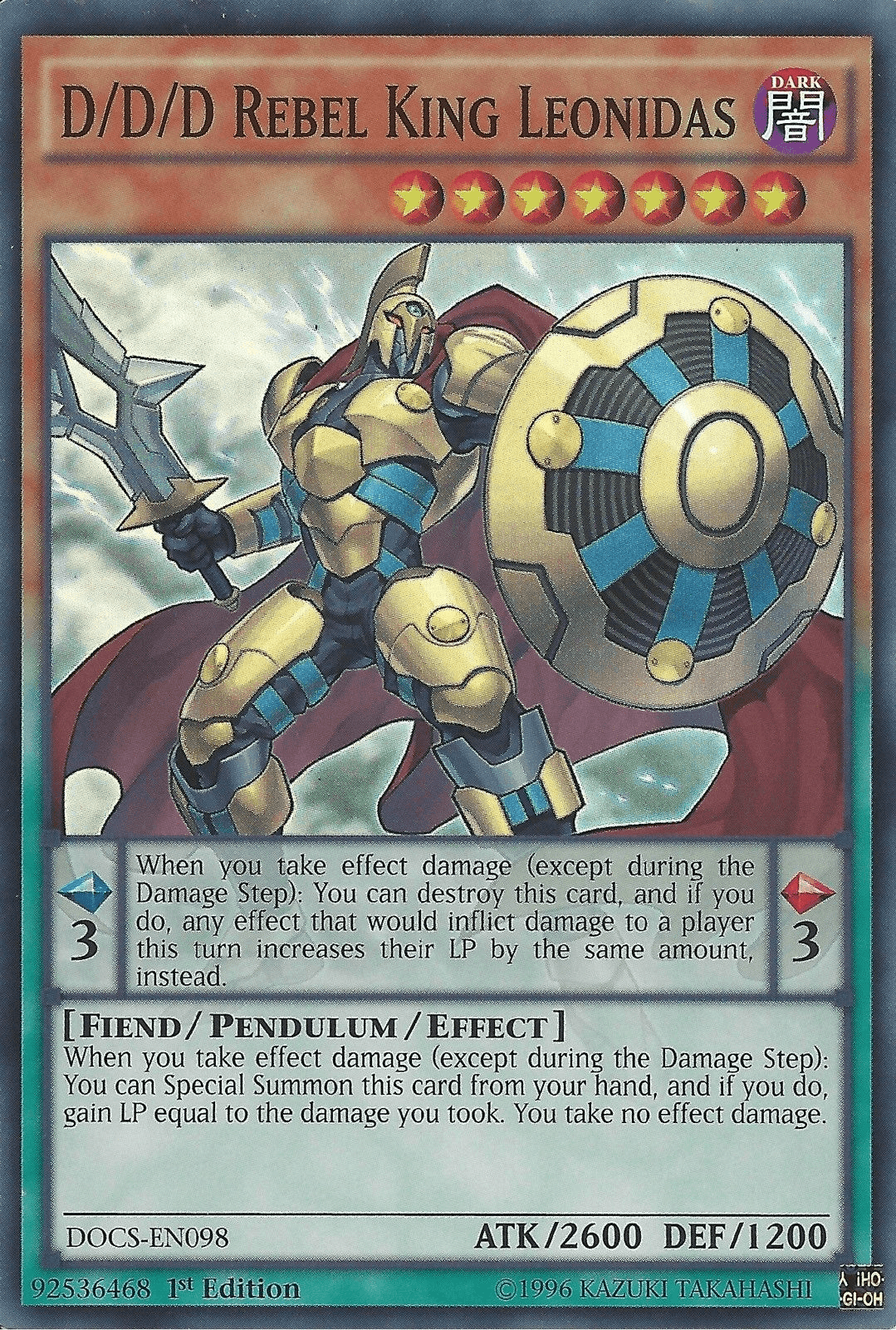 1st Edition, Dark, Dimension of Chaos, Fiend, Pendulum/Effect Monster, Super Rare, Unlimited D/D/D Rebel King Leonidas [DOCS-EN098] Super Rare - Trading Card World