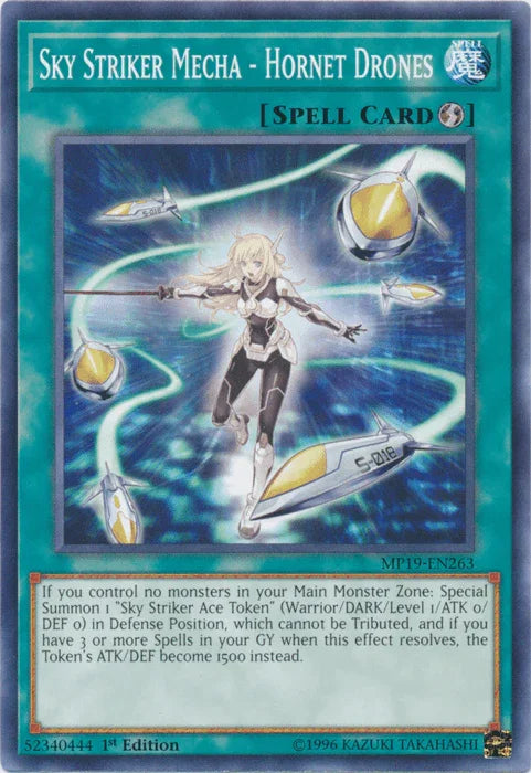 1st Edition, 2019 Gold Sarcophagus Tin Mega Pack, Common, Quick Play Spell, Spell, Unlimited Sky Striker Mecha - Hornet Drones [MP19-EN263] Common - Trading Card World