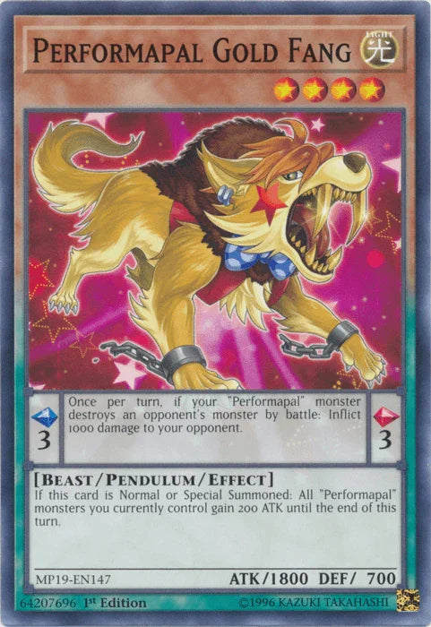 1st Edition, 2019 Gold Sarcophagus Tin Mega Pack, Beast, Common, Light, Pendulum/Effect Monster, Unlimited Performapal Gold Fang [MP19-EN147] Common - Trading Card World