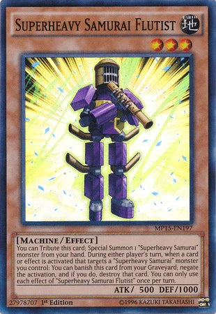 1st Edition, 2015 Mega-Tins Mega Pack, Earth, Effect Monster, Machine, Super Rare Superheavy Samurai Flutist [MP15-EN197] Super Rare - Trading Card World