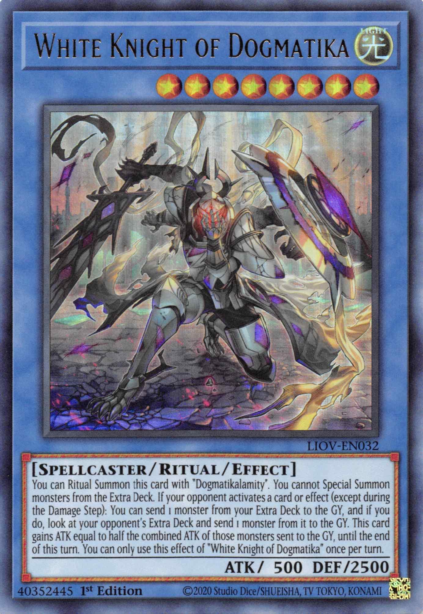 1st Edition, Light, Lightning Overdrive, Ritual/Effect Monster, Spellcaster, Ultra Rare White Knight of Dogmatika [LIOV-EN032] Ultra Rare - Trading Card World