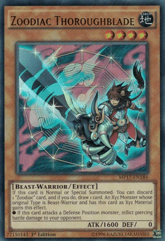 1st Edition, 2017 Mega-Tins Mega Pack, Beast-Warrior, Earth, Effect Monster, Ultra Rare Zoodiac Thoroughblade [MP17-EN184] Ultra Rare - Trading Card World