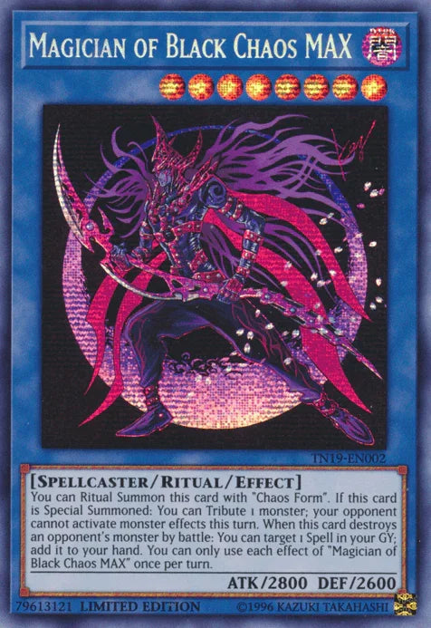 2019 Gold Sarcophagus Tin, Dark, Limited, Prismatic Secret Rare, Ritual/Effect Monster, Spellcaster Magician of Black Chaos MAX [TN19-EN002] Prismatic Secret Rare - Trading Card World