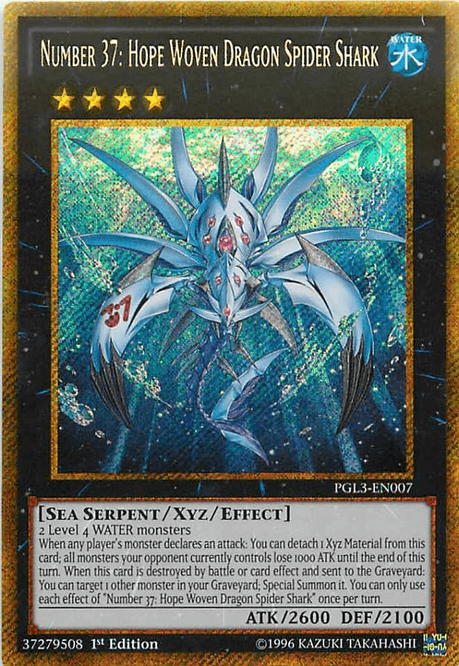 1st Edition, Gold Secret Rare, Premium Gold: Infinite Gold, Sea Serpent, Water, Xyz/Effect Monster Number 37: Hope Woven Dragon Spider Shark [PGL3-EN007] Gold Secret Rare - Trading Card World