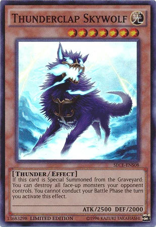 Effect Monster, Light, Limited, Secrets of Eternity, Super Rare, Thunder Thunderclap Skywolf [SECE-ENS08] Super Rare - Trading Card World