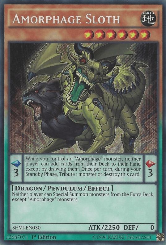 1st Edition, Dragon, Earth, Pendulum/Effect Monster, Secret Rare, Shining Victories, Unlimited Amorphage Sloth [SHVI-EN030] Secret Rare - Trading Card World