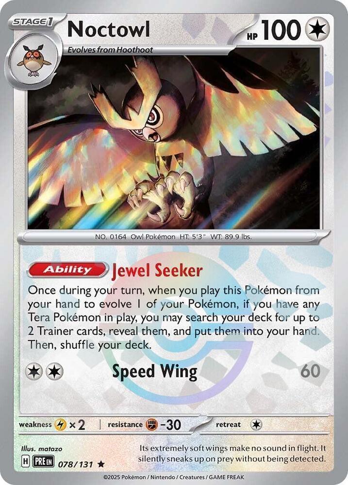 078, Colorless, Fighting [-30], Holofoil, Lightning [x2], Rare, Scarlet & Violet: Prismatic Evolutions Noctowl (078/131) (Poke Ball Pattern) [Scarlet & Violet: Prismatic Evolutions] - Trading Card World