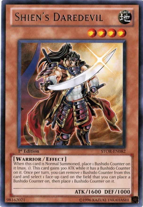 1st Edition, Earth, Effect Monster, Rare, Storm of Ragnarok, Unlimited, Warrior Shien's Daredevil [STOR-EN082] Rare - Trading Card World