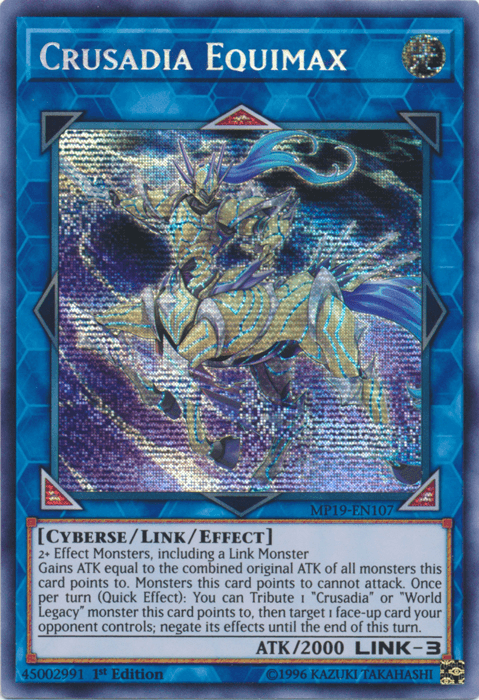 1st Edition, 2019 Gold Sarcophagus Tin Mega Pack, Cyberse, Light, Link/Effect Monster, Prismatic Secret Rare, Unlimited Crusadia Equimax [MP19-EN107] Prismatic Secret Rare - Trading Card World