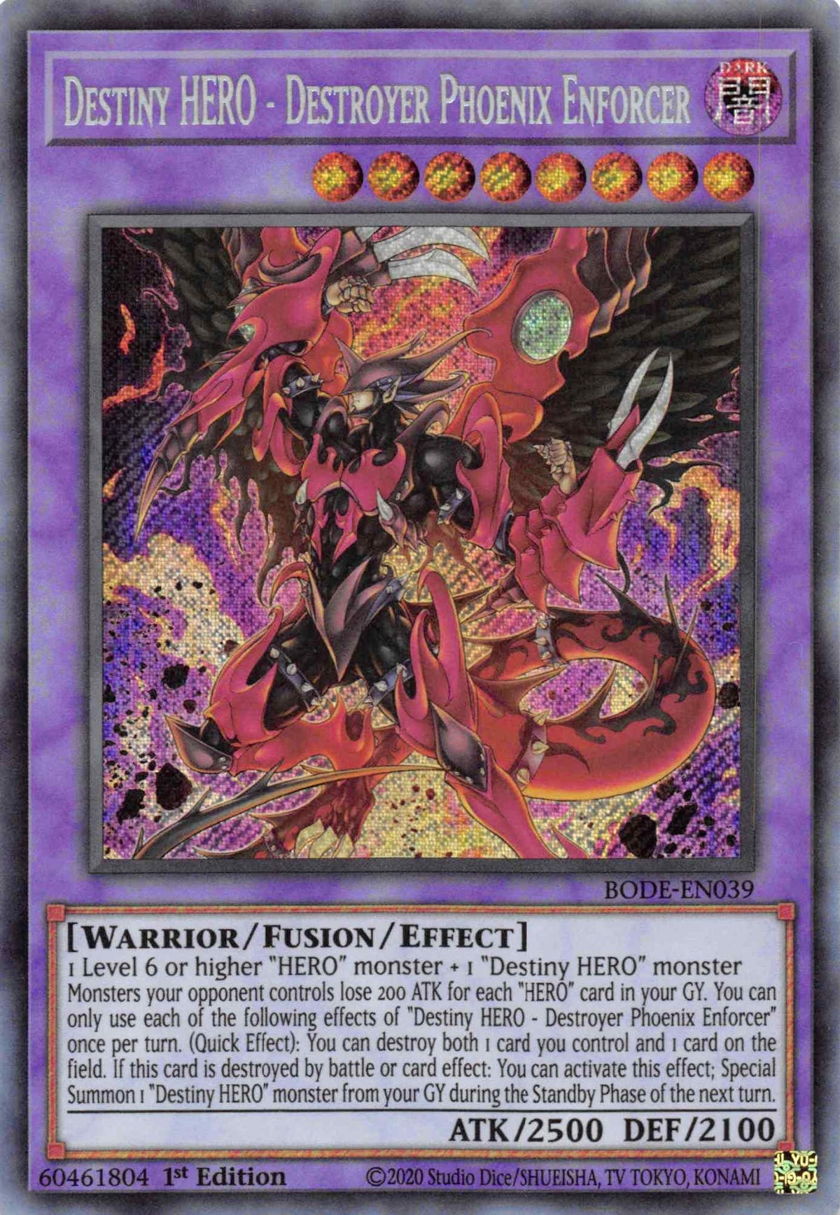 1st Edition, Burst of Destiny, Dark, Fusion/Effect Monster, Secret Rare, Warrior Destiny HERO - Destroyer Phoenix Enforcer [BODE-EN039] Secret Rare - Trading Card World