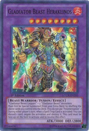 1st Edition, Beast-Warrior, Fire, Fusion/Effect Monster, Legendary Collection 2, Super Rare, Unlimited Gladiator Beast Heraklinos [LCGX-EN253] Super Rare - Trading Card World