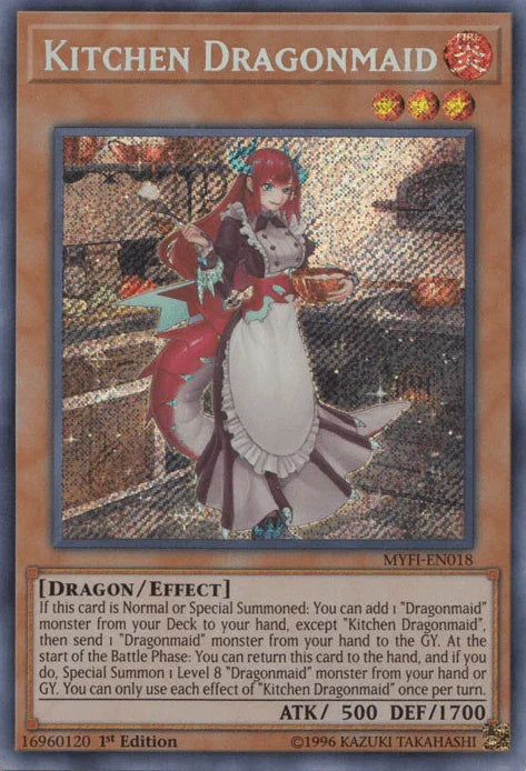 1st Edition, Dragon, Effect Monster, Fire, Mystic Fighters, Secret Rare Kitchen Dragonmaid [MYFI-EN018] Secret Rare - Trading Card World