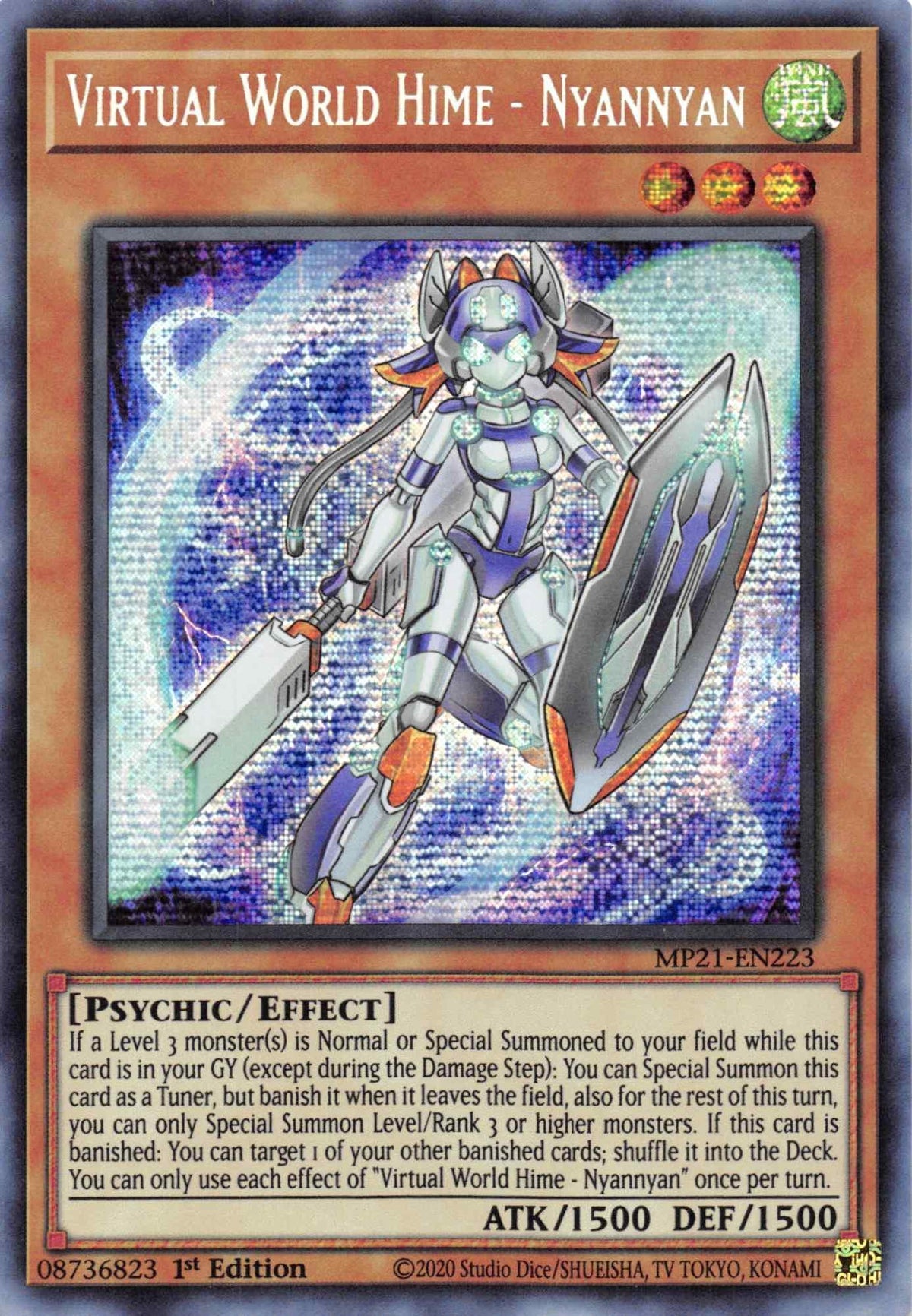 1st Edition, 2021 Tin of Ancient Battles, Effect Monster, Prismatic Secret Rare, Psychic, Wind Virtual World Hime - Nyannyan [MP21-EN223] Prismatic Secret Rare - Trading Card World