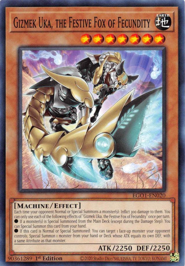 Common, Earth, Effect Monster, Egyptian God Deck: Obelisk the Tormentor Unlimited, Machine, Unlimited Gizmek Uka, the Festive Fox of Fecundity [EGO1-EN020] Common - Trading Card World