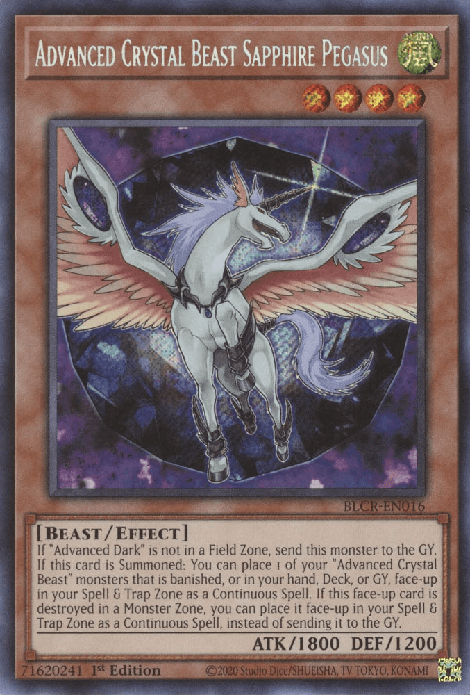 1st Edition, Battles of Legend: Crystal Revenge, Beast, Effect Monster, Secret Rare, Wind Advanced Crystal Beast Sapphire Pegasus [BLCR-EN016] Secret Rare - Trading Card World